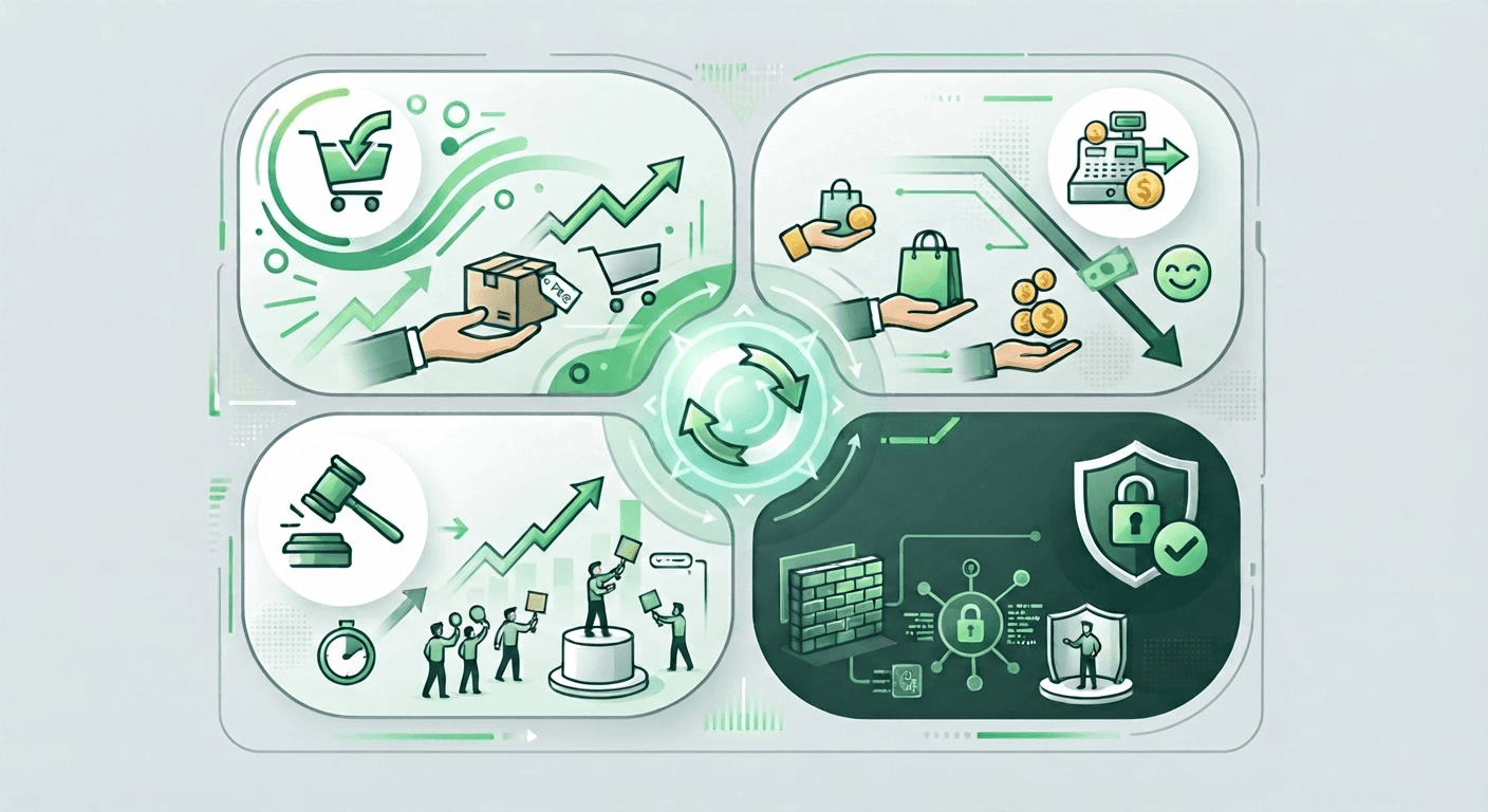 Ciclo de compra, venta, subastas y seguridad en Buen Trato